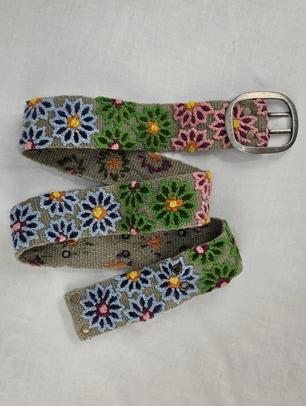 Hand-Embroidered Floral Cotton Belt - Multicolor